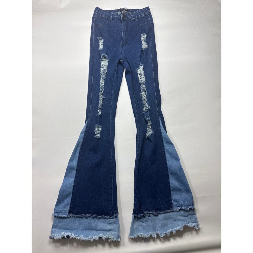 JC JQ Jeans‎ Women's High Rise Distressed Flare Blue Jeans - Size L (24x34)